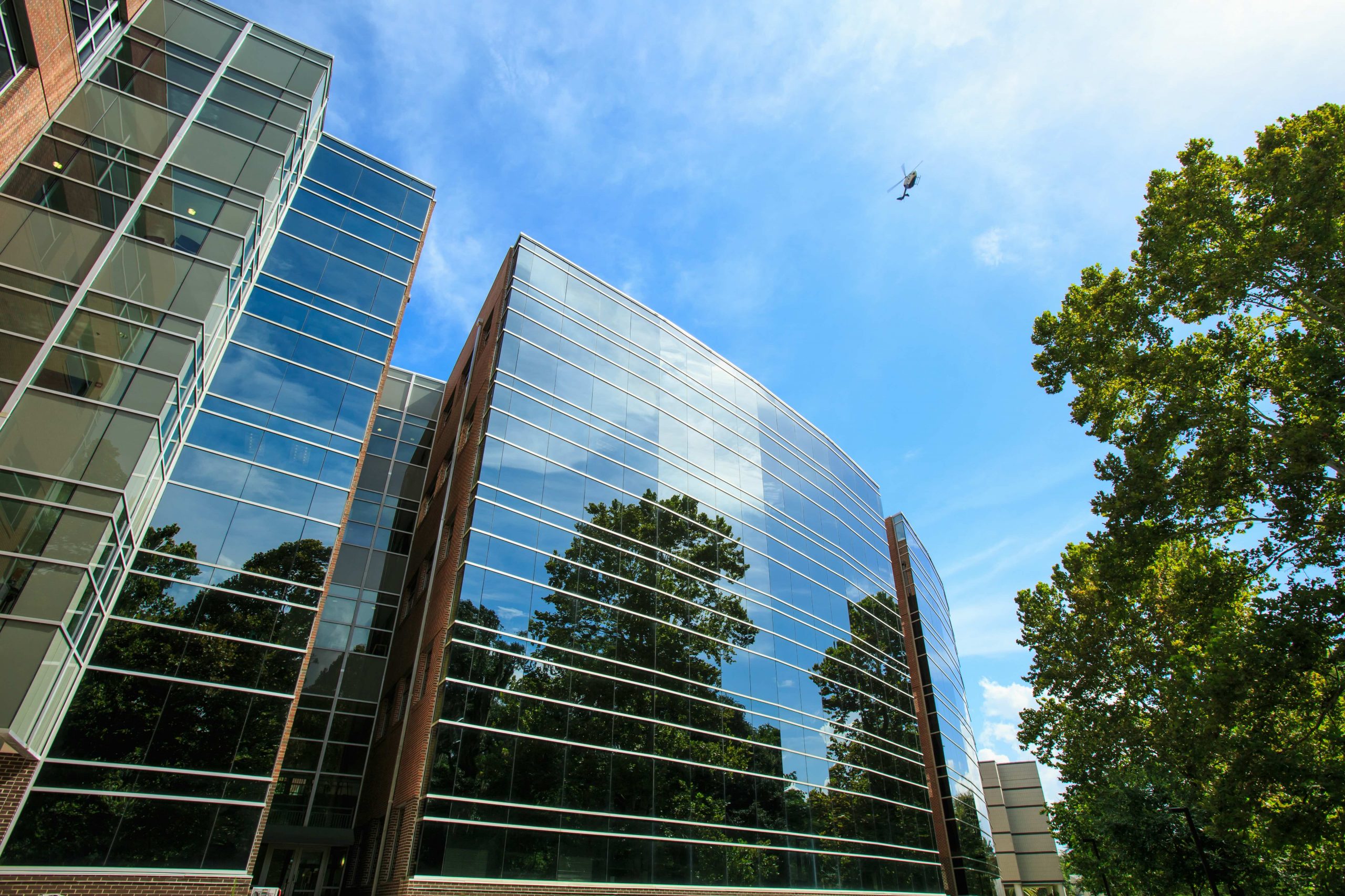 Looking up at the UF Health Professions/Nursing/Pharmacy (HPNP) Complex.